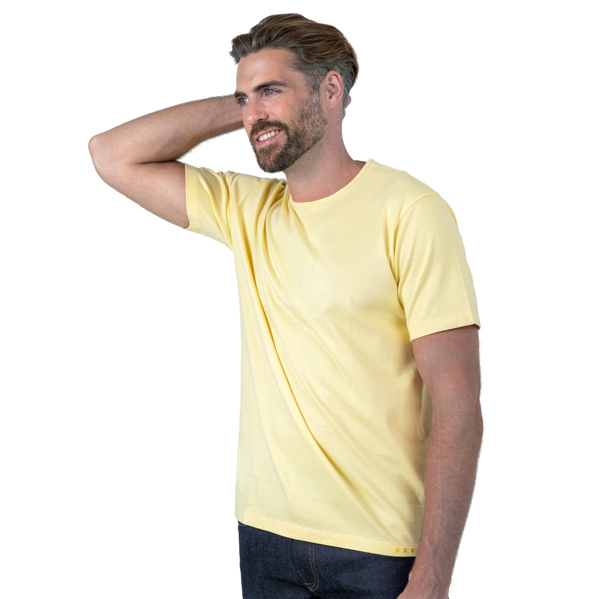 Light Yellow T-Shirt on Model Forward Facing at 3/4 Angle