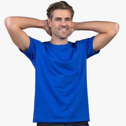 Men's Blue T-Shirt Short Sleeve Front View with Arms Raised