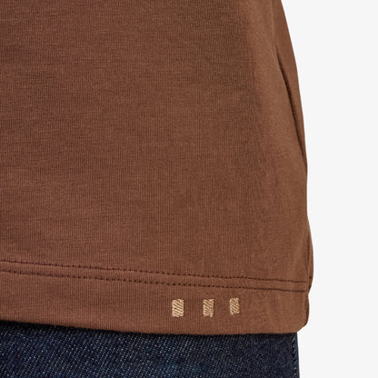 Men' s Brown Pima Cotton T-Shirt Short Sleeve Close-Up of Embroidered Logo Beneath Seam