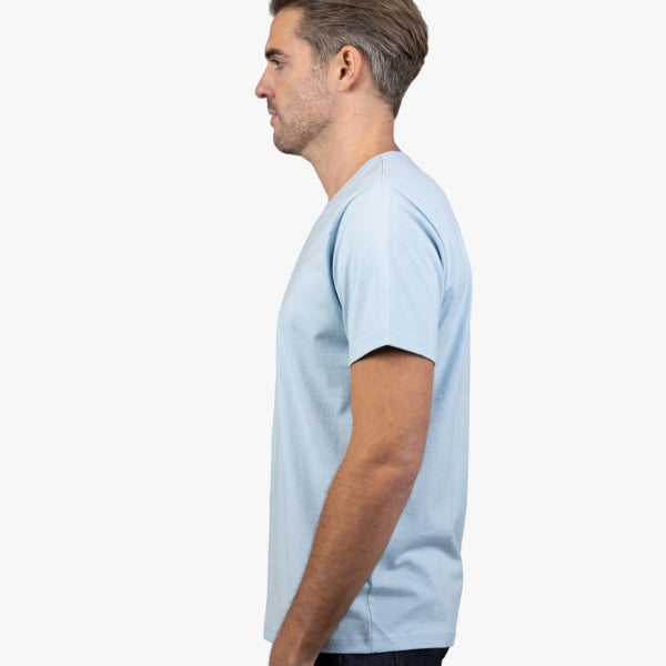 Light Blue T-Shirt on Model Facing to the Side