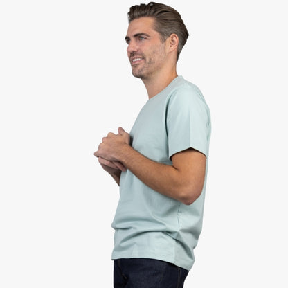 Light Green T-Shirt on Model Facing Sideways with Hands Together